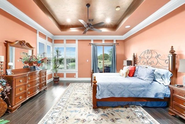 104 Porto Cima Ct, Austin, TX 78738 - bedroom featuring a raised ceiling, access to exterior, wood-type flooring, crown molding, and ceiling fan
