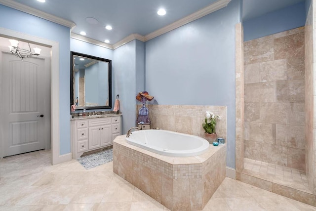 104 Porto Cima Ct, Austin, TX 78738 - full bathroom featuring vanity, a garden tub, ornamental molding, tiled shower, and tile patterned floors