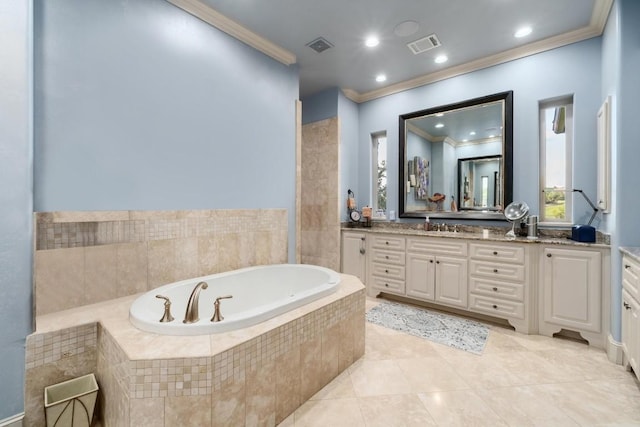 104 Porto Cima Ct, Austin, TX 78738 - full bathroom with crown molding, vanity, a bath, tile patterned flooring, and recessed lighting