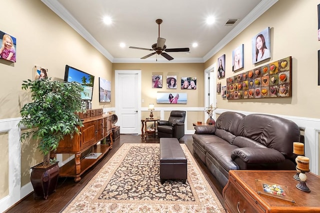 104 Porto Cima Ct, Austin, TX 78738 - living room featuring ceiling fan, dark wood finished floors, ornamental molding, and recessed lighting
