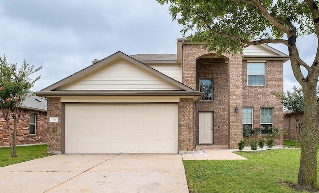 111 Colthorpe Ln, Hutto, TX 78634 - traditional home with driveway, brick siding, a front yard, and an attached garage