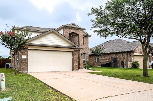 111 Colthorpe Ln, Hutto, TX 78634 - traditional-style home with a garage, driveway, central air condition unit, and brick siding