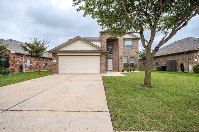 111 Colthorpe Ln, Hutto, TX 78634 - traditional-style home with a garage, driveway, a front lawn, and brick siding