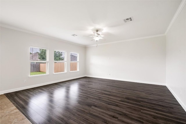 111 Colthorpe Ln, Hutto, TX 78634 - empty room featuring ceiling fan, ornamental molding, dark wood-type flooring, and baseboards