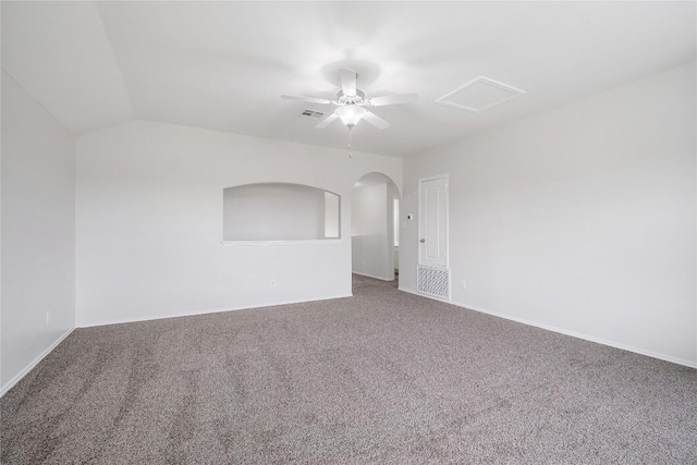 111 Colthorpe Ln, Hutto, TX 78634 - unfurnished room with carpet flooring, ceiling fan, baseboards, attic access, and lofted ceiling