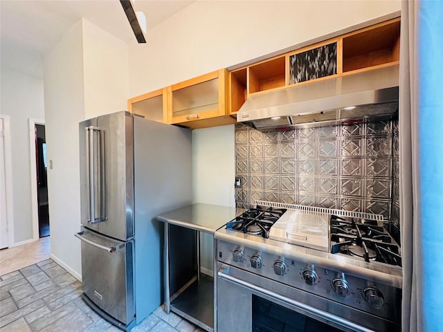 5504 Montview St, Austin, TX 78756 - kitchen featuring premium appliances, backsplash, open shelves, ventilation hood, and glass insert cabinets