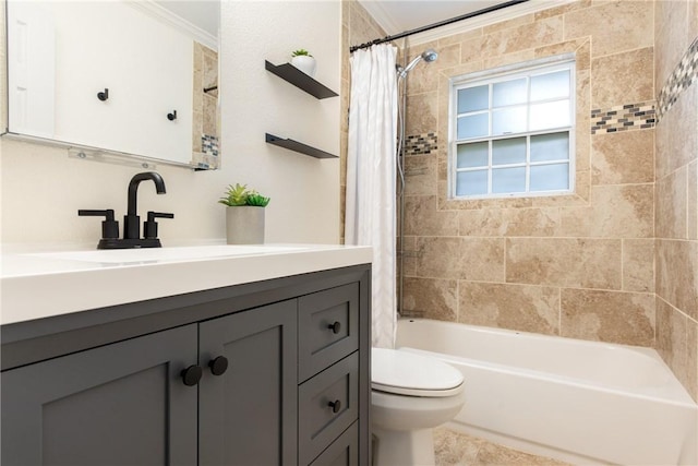 605 Orland Blvd, Austin, TX 78745 - bathroom with vanity, toilet, shower / bath combo with shower curtain, and crown molding