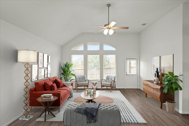 423 Leadtree Loop, Buda, TX 78610 - living area featuring a ceiling fan, wood finished floors, and lofted ceiling