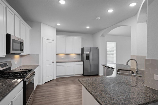 423 Leadtree Loop, Buda, TX 78610 - kitchen featuring appliances with stainless steel finishes, arched walkways, backsplash, dark stone counters, and recessed lighting