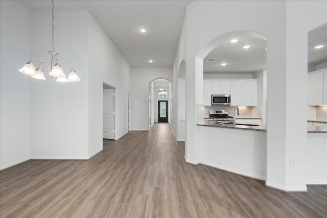423 Leadtree Loop, Buda, TX 78610 - kitchen with stainless steel appliances, wood finished floors, arched walkways, white cabinets, and recessed lighting