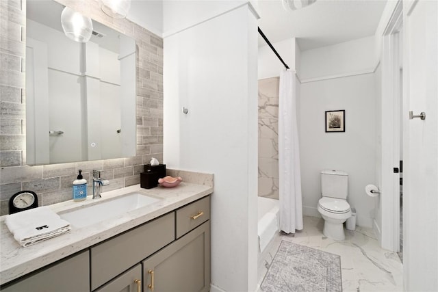 208 Honey Creek Ct Unit 29, Austin, TX 78738 - bathroom featuring marble finish flooring, vanity, shower / bath combo with shower curtain, and backsplash