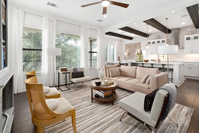 208 Honey Creek Ct Unit 29, Austin, TX 78738 - living area featuring ceiling fan, beamed ceiling, hardwood / wood-style floors, and recessed lighting