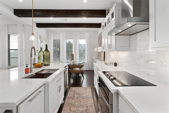 208 Honey Creek Ct Unit 29, Austin, TX 78738 - kitchen featuring wall chimney exhaust hood, stainless steel appliances, healthy amount of natural light, light countertops, and beam ceiling