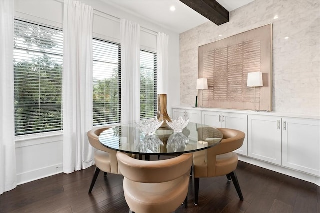 208 Honey Creek Ct Unit 29, Austin, TX 78738 - dining room with dark wood-style floors and beamed ceiling