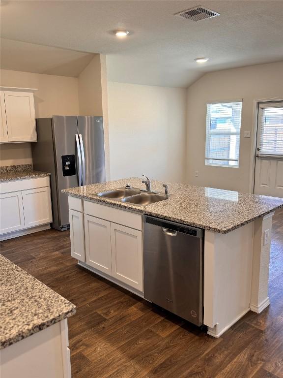 322 Harvest Creek Dr, Kyle, TX 78640 - kitchen with appliances with stainless steel finishes, a sink, dark wood-type flooring, a kitchen island with sink, and lofted ceiling