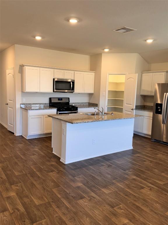 322 Harvest Creek Dr, Kyle, TX 78640 - kitchen featuring appliances with stainless steel finishes, dark wood-type flooring, white cabinetry, light stone counters, and recessed lighting