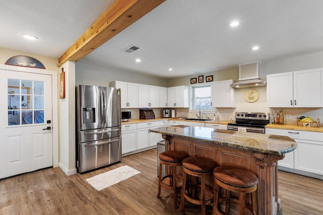 2340 E State Highway 71, Llano, TX 78643 - kitchen featuring stainless steel appliances, a sink, a breakfast bar, white cabinetry, and a center island