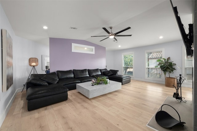 120 Acapulco Dr, Lakeway, TX 78734 - living room featuring light wood-style floors, lofted ceiling, ceiling fan, baseboards, and recessed lighting