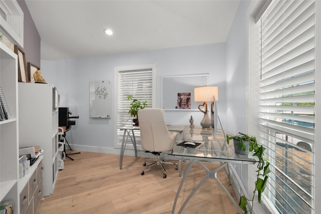 120 Acapulco Dr, Lakeway, TX 78734 - office area featuring light wood-style flooring, healthy amount of natural light, baseboards, and recessed lighting