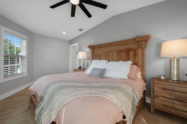 120 Acapulco Dr, Lakeway, TX 78734 - bedroom featuring vaulted ceiling, light wood-style floors, recessed lighting, ceiling fan, and baseboards