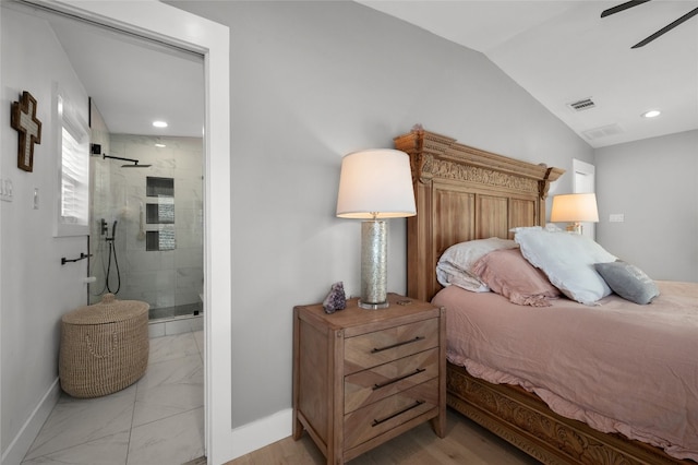 120 Acapulco Dr, Lakeway, TX 78734 - bedroom featuring baseboards, marble finish floors, ensuite bathroom, lofted ceiling, and recessed lighting