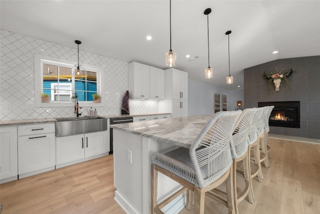 120 Acapulco Dr, Lakeway, TX 78734 - kitchen featuring a sink, light wood-style floors, light stone counters, dishwasher, and a fireplace