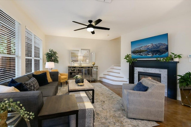 2114 Goodrich Ave Unit 3, Austin, TX 78704 - living room featuring a fireplace and a ceiling fan