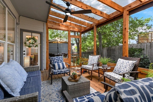 2114 Goodrich Ave Unit 3, Austin, TX 78704 - sunroom / solarium with ceiling fan, an outdoor living space, and lofted ceiling