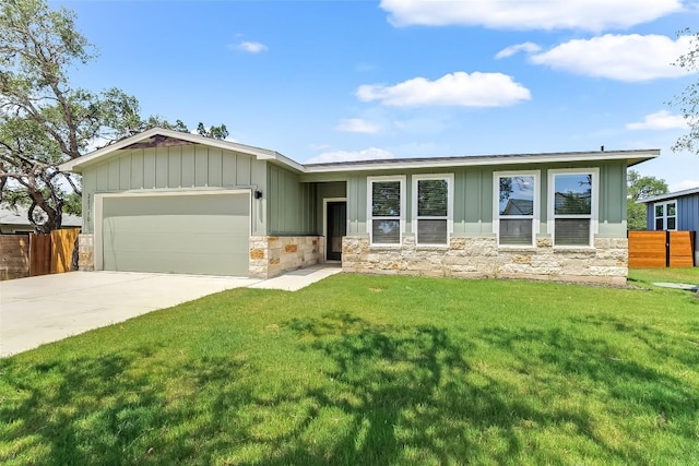 21710 Patton Dr, Lago Vista, TX 78645 - view of front facade with stone siding, a garage, board and batten siding, and concrete driveway