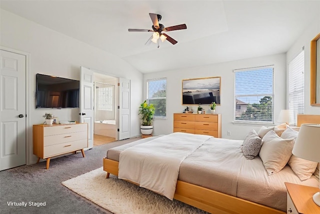 14009 Rountree Ranch Ln, Austin, TX 78717 - bedroom featuring light colored carpet, ensuite bath, lofted ceiling, and ceiling fan