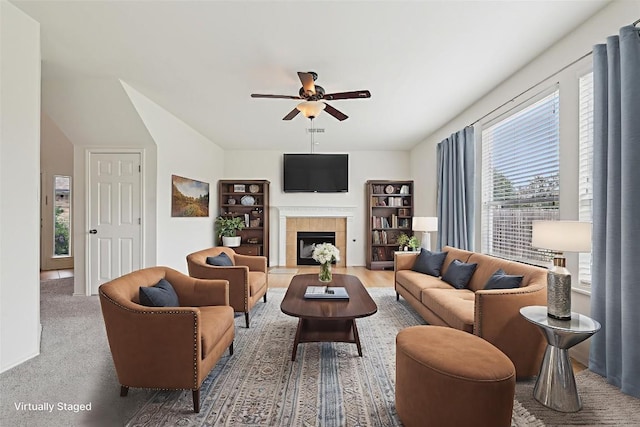 14009 Rountree Ranch Ln, Austin, TX 78717 - living area featuring a ceiling fan and a fireplace
