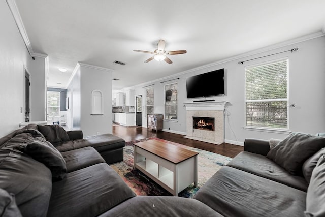 1600 Serenity Springs Cv, Cedar Park, TX 78613 - living room with ornamental molding, a ceiling fan, wood finished floors, a fireplace, and baseboards