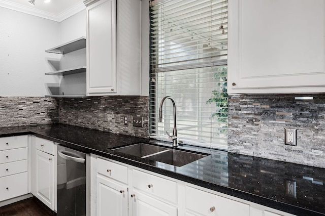 1600 Serenity Springs Cv, Cedar Park, TX 78613 - kitchen with a sink, ornamental molding, open shelves, backsplash, and white cabinetry