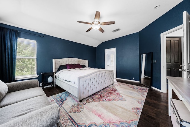 1600 Serenity Springs Cv, Cedar Park, TX 78613 - bedroom with wood finished floors, baseboards, lofted ceiling, a ceiling fan, and ensuite bath
