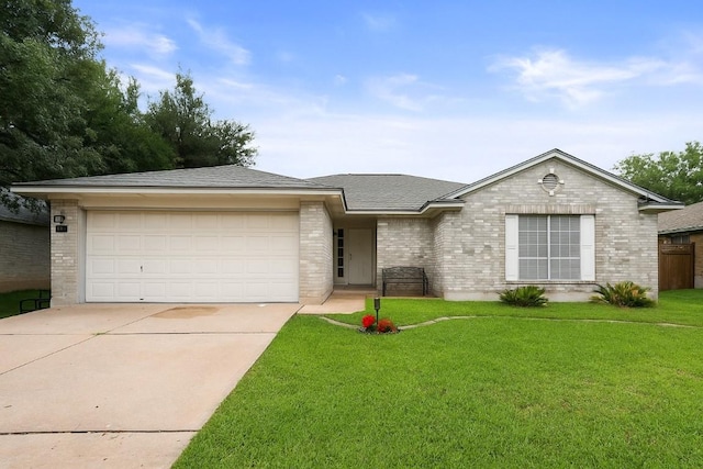1207 Rolling Ridge Dr, Round Rock, TX 78665 - ranch-style house featuring driveway, an attached garage, brick siding, a front lawn, and roof with shingles