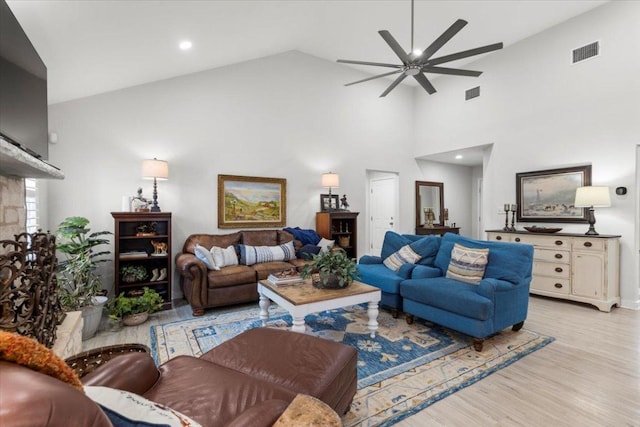 2003 Rain Water Dr, Austin, TX 78734 - living area featuring a ceiling fan, light wood finished floors, high vaulted ceiling, and recessed lighting