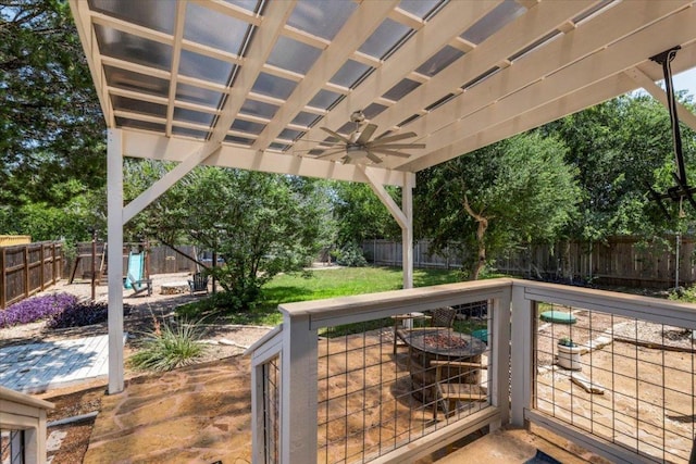 2003 Rain Water Dr, Austin, TX 78734 - wooden terrace featuring a fire pit, a ceiling fan, a fenced backyard, and a patio area