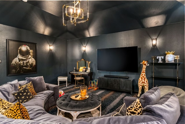 2621 Exposition Blvd, Austin, TX 78703 - home theater room featuring a chandelier and lofted ceiling