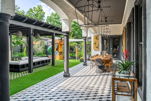 2621 Exposition Blvd, Austin, TX 78703 - view of patio / terrace featuring a playground and a ceiling fan