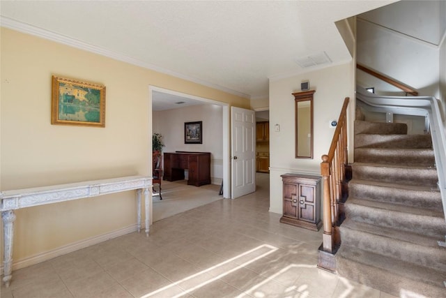 6203 Shadow Mountain Cv, Austin, TX 78731 - stairway with crown molding, tile patterned flooring, and baseboards