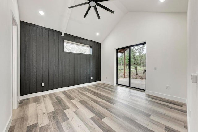 4190 W Fm 243, Bertram, TX 78605 - empty room featuring ceiling fan, light wood-style flooring, recessed lighting, high vaulted ceiling, and baseboards