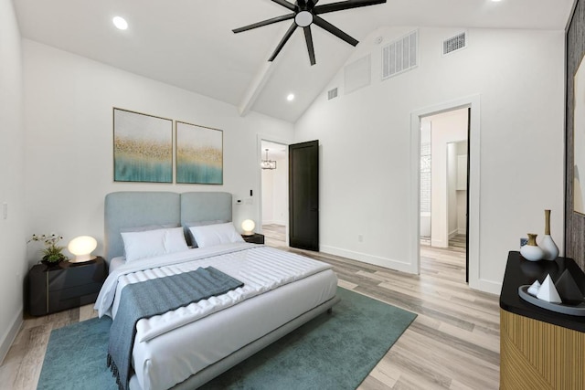 4190 W Fm 243, Bertram, TX 78605 - bedroom featuring high vaulted ceiling, light wood finished floors, baseboards, recessed lighting, and a ceiling fan