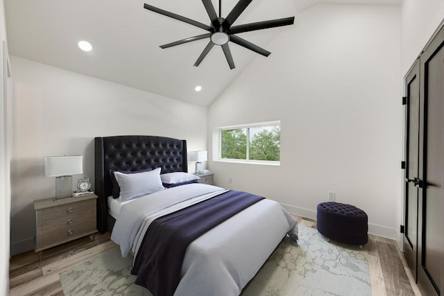 4190 W Fm 243, Bertram, TX 78605 - bedroom featuring wood finished floors, recessed lighting, high vaulted ceiling, baseboards, and a ceiling fan