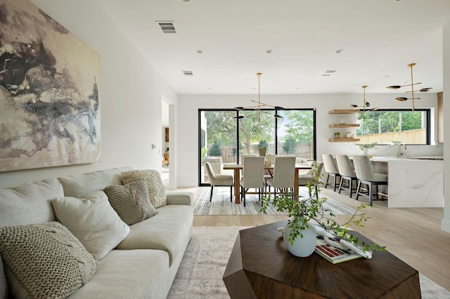 1805 Frazier Ave, Austin, TX 78704 - living area featuring light wood-style floors and a chandelier