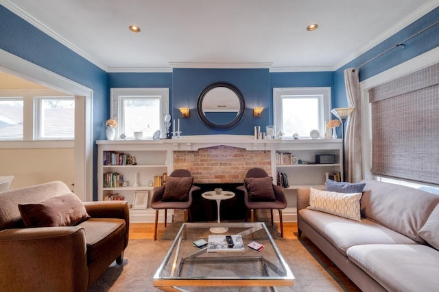 1706 Pennsylvania Ave, Austin, TX 78702 - living room with healthy amount of natural light, crown molding, wood finished floors, recessed lighting, and a fireplace