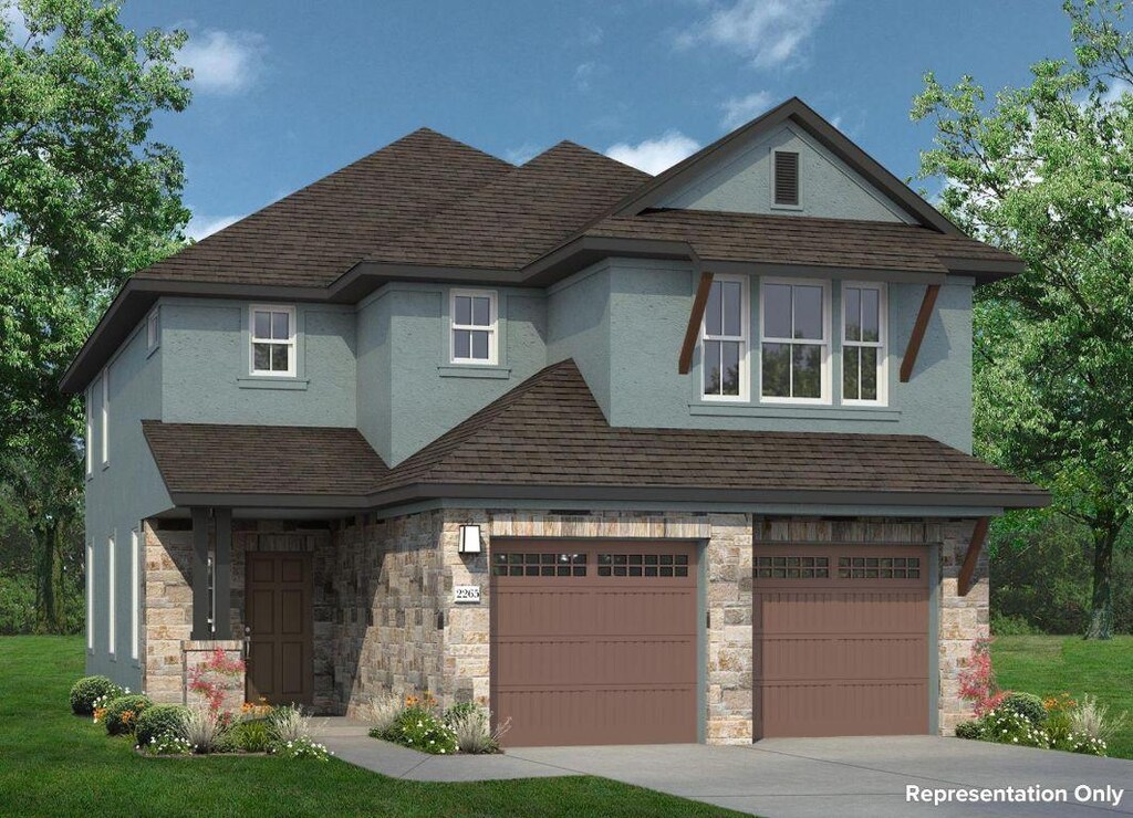 2605 Sam Bass Rd Unit 105, Round Rock, TX 78781 - view of front of property with a garage, stucco siding, stone siding, concrete driveway, and roof with shingles