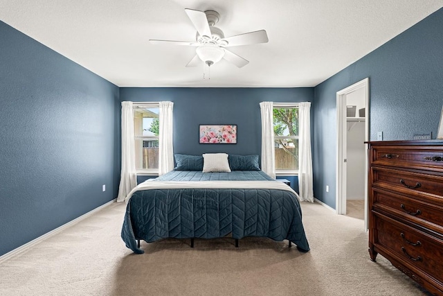 509 Big Bend Trl, Taylor, TX 76574 - bedroom featuring light carpet, a walk in closet, a textured wall, a ceiling fan, and baseboards