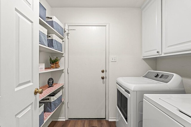 509 Big Bend Trl, Taylor, TX 76574 - washroom featuring cabinet space, washing machine and clothes dryer, and dark wood finished floors