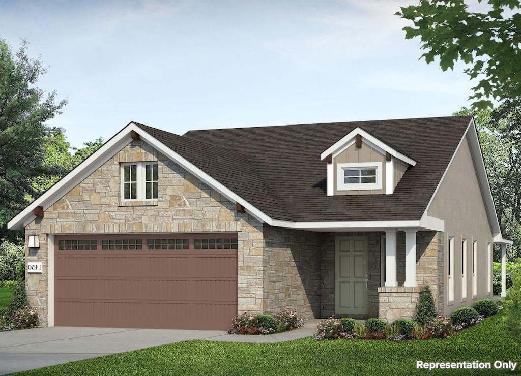 2605 Sam Bass Rd Unit 65, Round Rock, TX 78781 - craftsman house featuring stone siding, a garage, concrete driveway, and roof with shingles