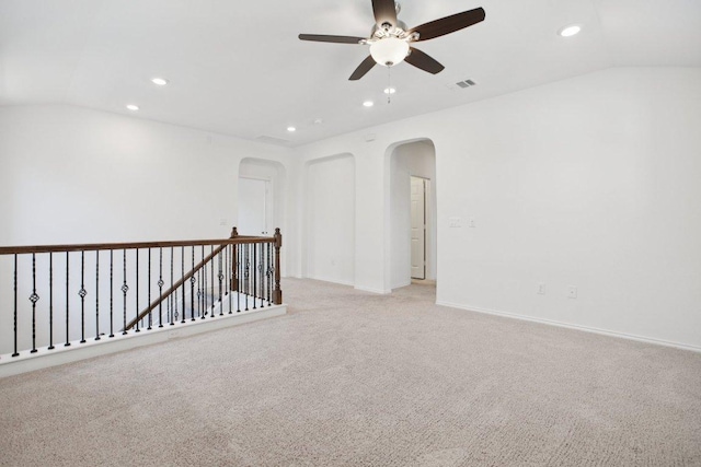 104 Kulmbacher Dr, Austin, TX 78728 - unfurnished room featuring recessed lighting, arched walkways, a ceiling fan, light colored carpet, and vaulted ceiling